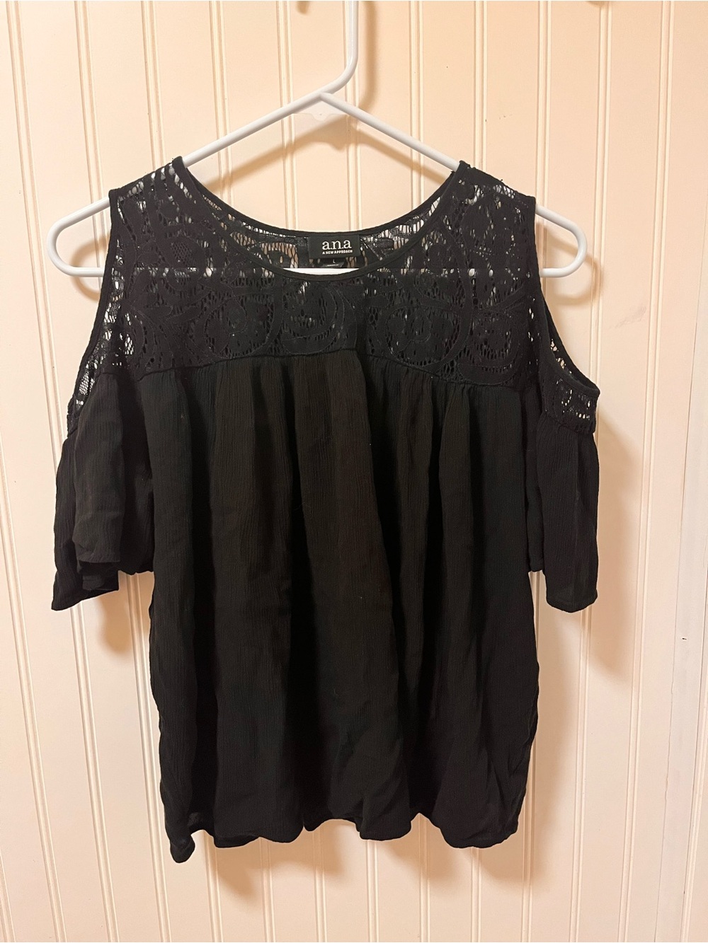 a.n.a - Black Crocheted Paisley Lace Cold Shoulder Top